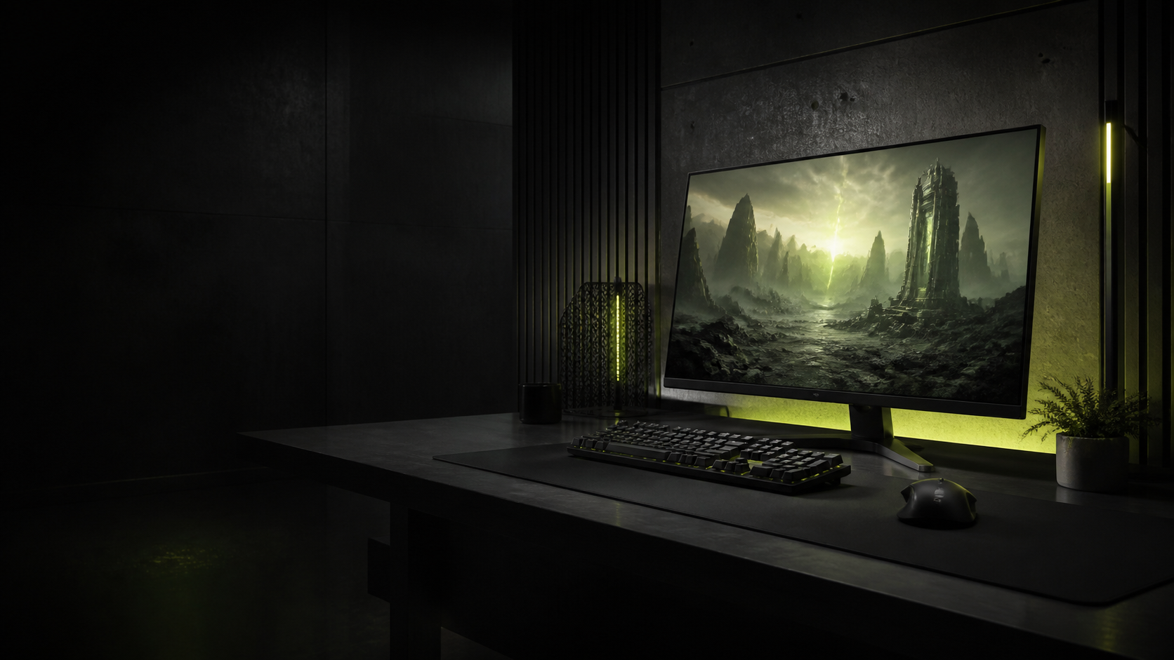 Dark high-tech gaming setup with brass lighting